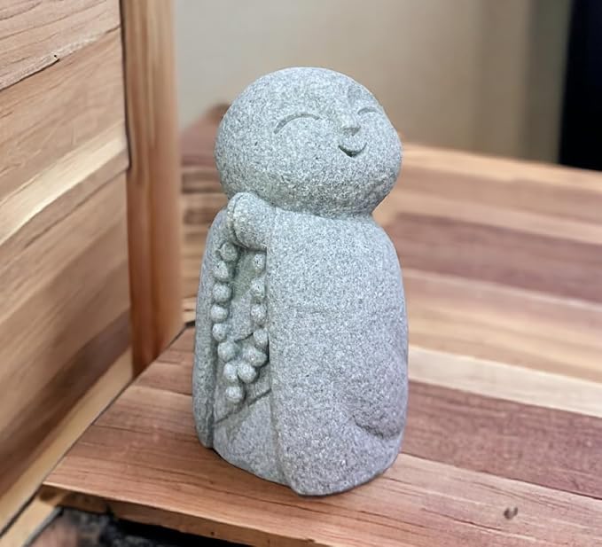 DMtse Lucky Japanese Jizo Buddha Happy Smiling Miniature Figurine Sandstone Praying Monk Statue for Luck Good Protection for Healthy Growth