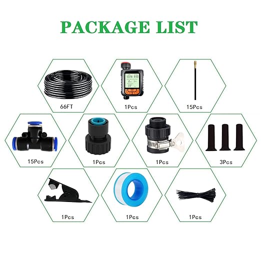 66FT Drip Irrigation Kit, Automatic Garden Watering System with Tool-Free Quick Connectors, 360° Bending Droppers & Copper Misting Nozzles for Greenhouse, Patio, Lawn & Vegetable Garden. (20M)