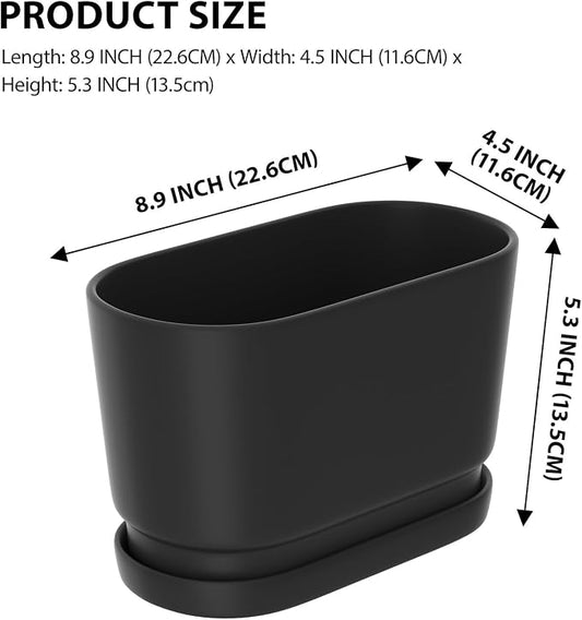 8.9" Rectangular Ceramic Planter with Drainage and Saucer, Black | Indoor Outdoor Use, 8.9"L x 4.5"W x 5.3"H, Modern Home Decor, Window Box Planter, Matte Black