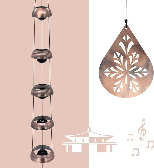36" Copper Temple Wind Chimes with 5 Bells, Melodious Zen Feng Shui Wind Bells for Outside, Memorial Wind Chime Sympathy Gift with Unique Teardrop Floral Sail, Decorative Garden Decor for Yard Patio