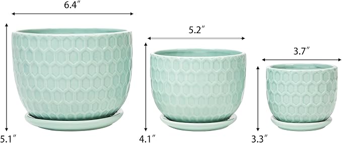 Ceramic Flower Pots with Drainage Hole and Saucer, Modern Round Succulent Planters with Honeycomb Inspired Texture Design, Small to Medium Sized, Set of 3, Green