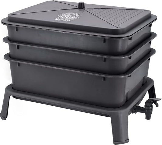 Worm Nerd WN40 4-Tray Worm Composting Bin Kit with Coco Coir Brick for Recycling Food Waste, Worm Castings, Worm Tea, Vermiculture and Vermicomposting