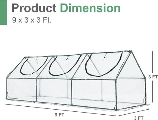 Aoodor 9 x 3 x 3 ft Mini Greenhouse with 3 Zipper Doors, Water-Resistant, UV-Protected for Flowers, Vegetables, and Herbs, Transparent