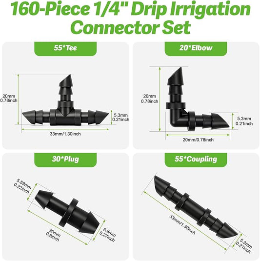 RedChili 160 Pack Drip Irrigation 1/4" Barbed Fittings Kit, Drip System Parts Double Barbed Connectors Includes Couplings Tees Elbows Plugs Fits 1/4-Inch Drip Tubing for Drip Line Connection