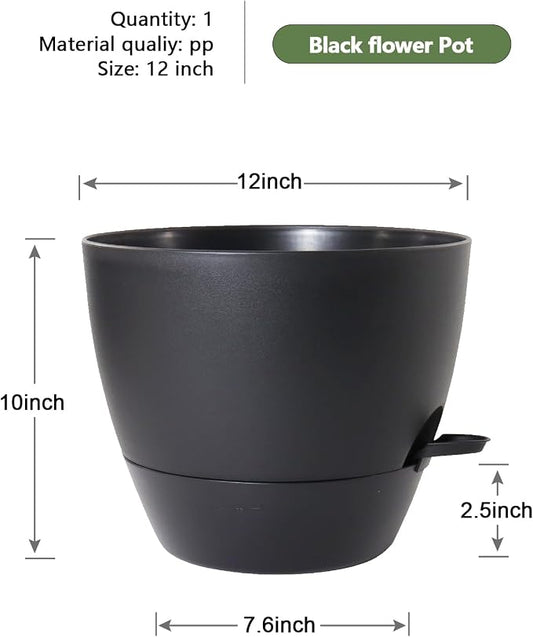 WSMKSZ 12 inch Large Self Watering Pots, Flower Plant Pots with Multi Mesh Drainage Holes for Indoor Outdoor Garden Plants and Flowers, Plastic Planters with Removable Deep Reservoir, Black