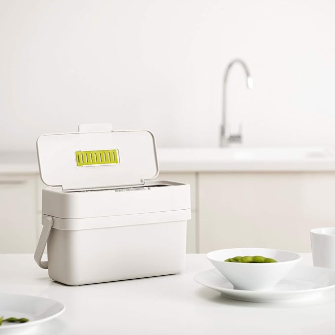 Joseph Joseph Compo 4 Easy-Fill Food Waste Caddy - 4 litres - Stone and Joseph Joseph Replacement Odour Filters, Pack of 2
