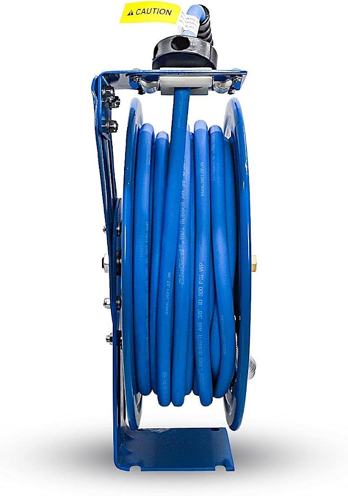 BLUBIRD BBRHD3850 18ga. Retractable Hose Reel with 3/8" X 50' Air Hose, 12 Point Ratcheting Gear, Next-Gen Rubber, Lightest, Strongest, Most Flexible, 300 PSI, -50F to 190F Degrees, Polyester Braided