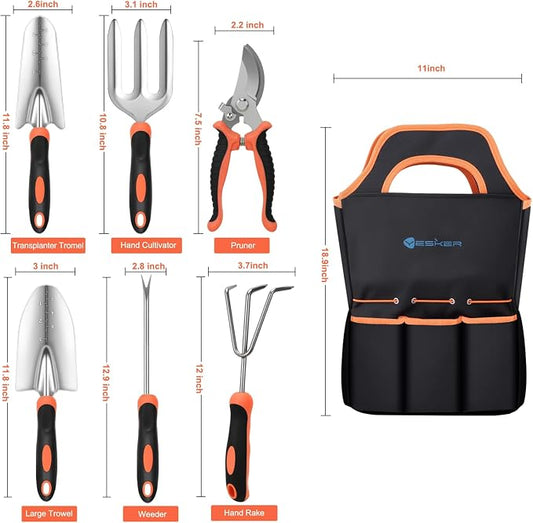 Yesker Gardening Tools 7-Piece Heavy Duty Garden Tool Set Gardening Supplies Gifts for Women Men Gardening Hand Tool Kit with Non-Slip Ergonomic Handle, Garden Bag, Pruning Shears, Black Orange