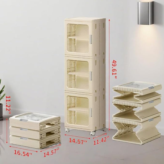 3-Tier Slim Bathroom Storage Cabinet for Small Space,Beige | Quick Assembly,Foldable,Plastic Organizers,Magnetic Doors,Adjustable Shelves,Narrow Storage Cabinet,Wheels