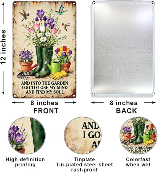 Garden Metal Tin, Into The Garden I Lose My Mind Find My Soul Sign | Vintage Wall Art for Outdoor Gardening Yard Art Wall Decor