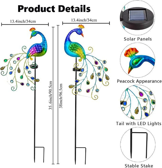 DREAMSOUL 2 Pack Peacock Solar Lights Outdoor, Waterproof Metal Peacock Outdoor Solar Lights for Yards Pathway Lawn Decoration Peacock Gifts