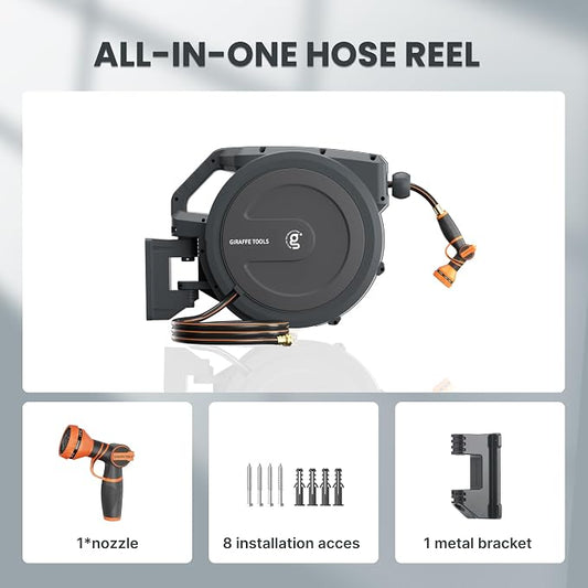 Giraffe Tools PRO Heavy Duty Retractable Garden Hose Reel - 78ft 1/2 Inch Auto Rewind with Any-Length Lock, Wall Mounted Metal Bracket, Commercial Grade for Patio & Lawn (Dark Grey)