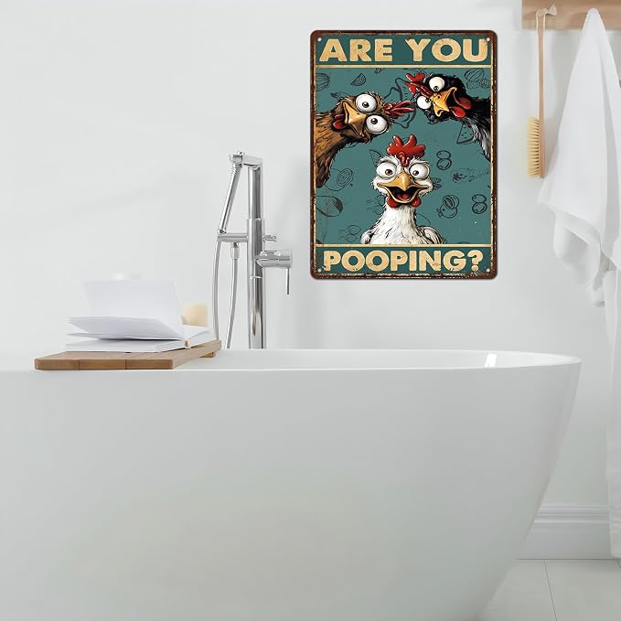 Vintage Chicken Tin Sign Are You Pooping Retro Bathroom Metal Poster Funny Wall Art Toilet Man Cave Bar Cafe Indoor Room Garage Store Office Farmhouse 12 * 16inch