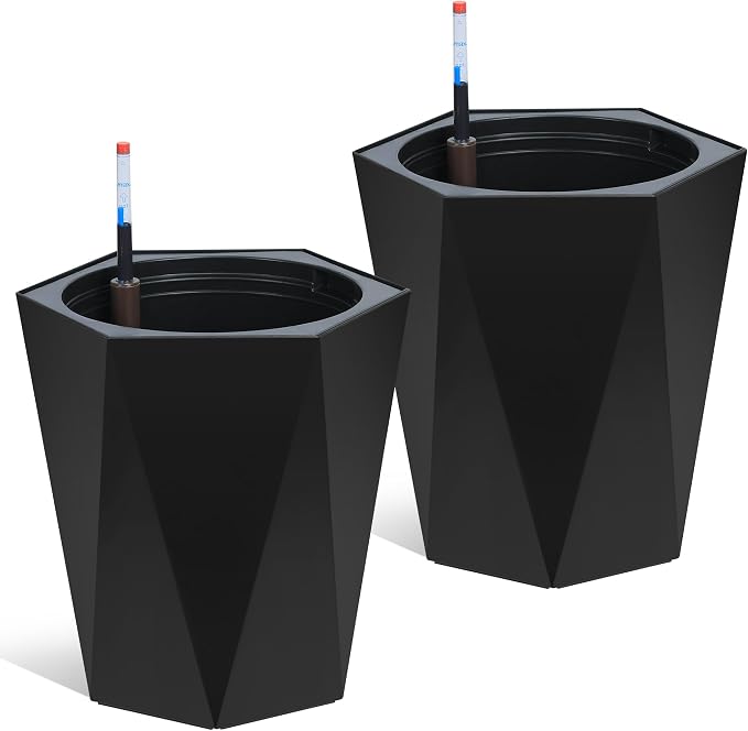 GarveeLife 16 Inch Tall Planters Set of 2, Outdoor Planters Self Watering Plant Pots with Water Level Monitor, Multiple Drainage Holes, Flower Pots for Patio, Porch, Living Room, or Home Office, Black