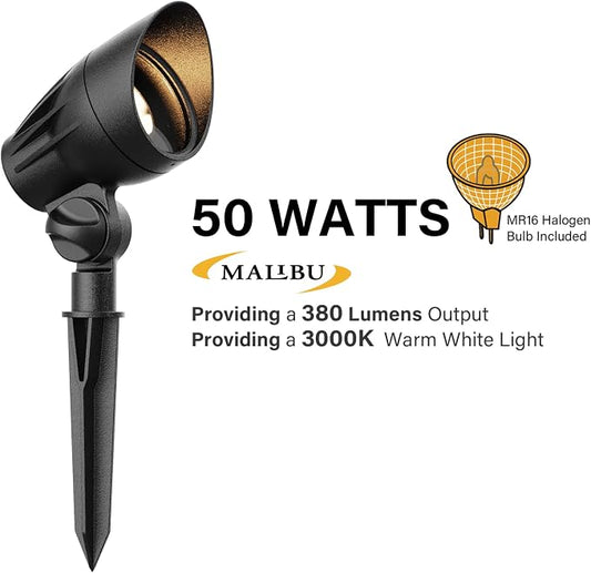 Malibu 50 Watt Floodlight Landscape Lights Outdoor Spotlight Waterproof Path Light Low Voltage Lighting with Spike Stand for Garden, Yard, Pathway, Lawn, Driveway Outdoor Lighting 8301-9601-01