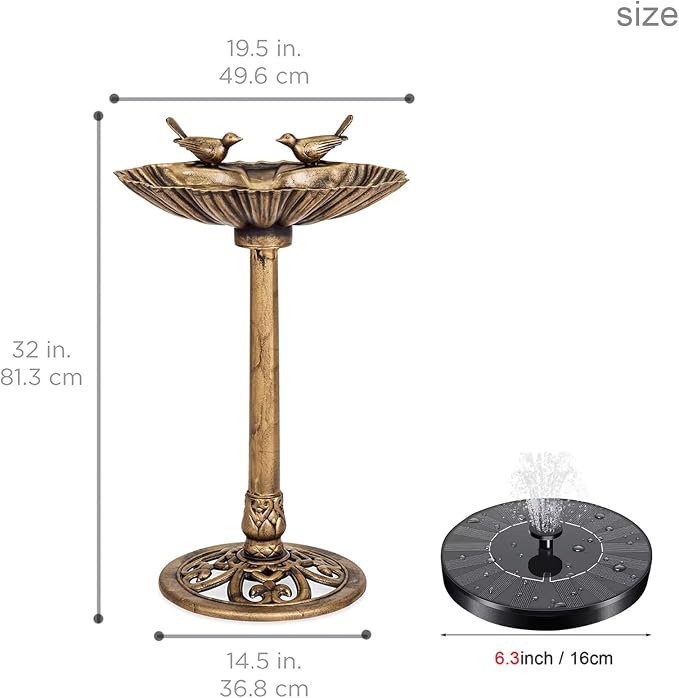 Water Fountain and Birdbath Solar Powered Polyresin Vintage Bronze/Green Outdoor Pond Fountain Combo Set Freestanding Bird Feeders for Garden Patio Deck or Yard