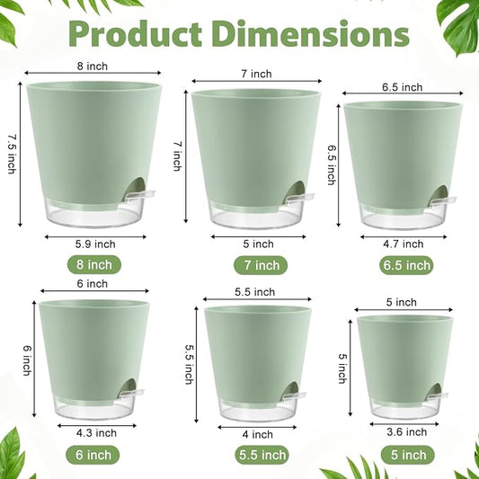 QRRICA 5/5.5/6/6.5/7/8 inch Self Watering Pot Set, Visible Water Level Planter with Transparent Reservoir & Drainage Holes, Plastic Flower Pots with Cotton Rope for Indoor/Outdoor Use (Green)