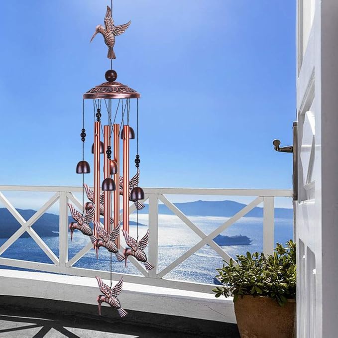 Garden Hummingbird Wind Chimes Outdoor Decor - with 4 Tubes 6 Bells 7 Hummingbirds Mobile Romantic Wind Catcher, Hummingbird Windchimes for Home, Xmas Mom Gifts, Festival, Balcony, Garden Decoration