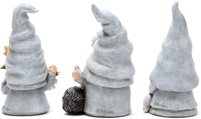 Hodao 3PCS Spring Garden Gnome Statues - Cute Resin Faceless Dwarf Figurines with Sunflower, Hedgehog & Butterfly - Outdoor Yard, Patio, Lawn, Porch & Indoor Shelves, Tiered Trays, Housewarming Gift