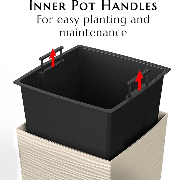 Mueller Janska M-Resin Heavy Duty Tall Planter, Indoor/Outdoor Grande Plant, Tree, Flower Pot, 2-Piece Set, 27.5”, Modern Design, Built-in Drainage, Beige
