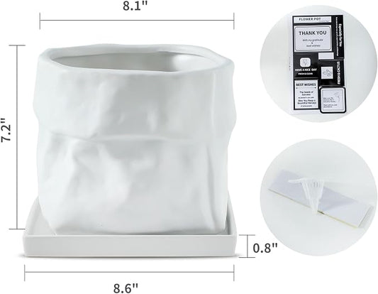 Nihow 8 Inch Ceramic Plant Pot with Drainage & Square Saucer,White | Bag Shape Design,Indoor & Outdoor,Living room/Office/Bedroom/Windowsill/Tabletop,Plant Lovers/Gardeners/Beginners