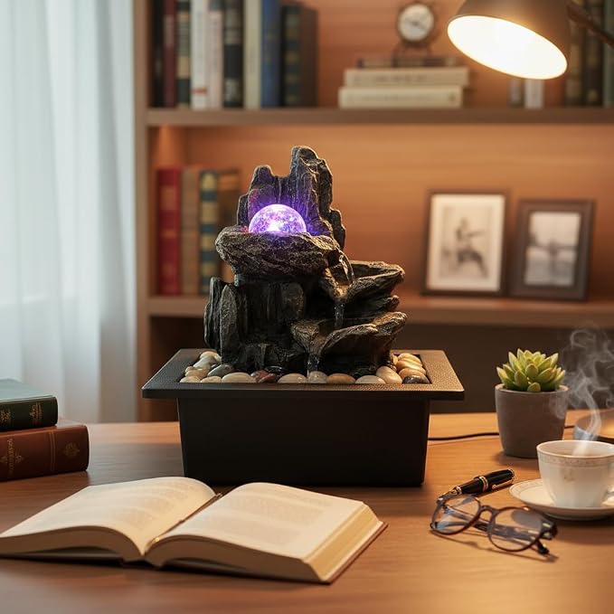 Indoor Tabletop Water Fountain Rotating Ball Rock Waterfall Fountain with Colorful Lights and Natural River Rocks, Zen Meditation for Home Office Decor (A)