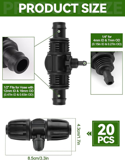 Kalolary 20PCS Locked Barbed Tee Connectors, 1/2” to 1/4” Drip Irrigation Fittings Kit 12/16mm to 4/7mm Tube Lock Female Connector 3-Way Barbed Lock Irrigation Parts for Watering System (Black)