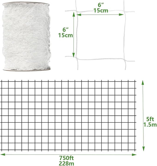 Nylon Trellis Netting Roll 5 x 750 ft, 6 Inch Soft Mesh, Heavy Duty Reinforced Garden Plant Support Mesh for Vertical Growing, Climbing Plants