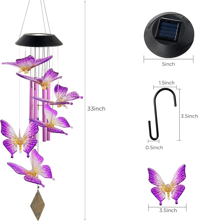 Purple Butterfly Wind Chimes Outdoor, Butterfly Garden,Glow in The Dark Garden Decor with Iron Metal Pendant Patio Hanging Ornaments for Yard Tree Outside, Unique Nature Gifts for Women Mom