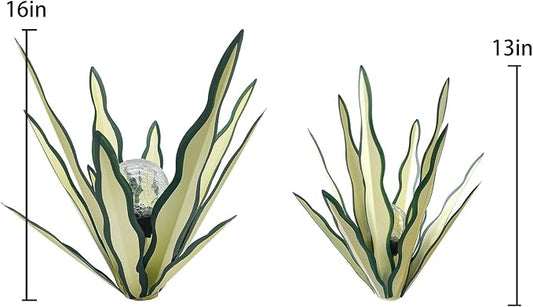 Metal Agave Plant Garden Art, 2 Pack Tequila Rustic Sculpture, Rustic Metal Agave Plants Garden Lawn Home Ornaments, for Yard Stakes, Garden Figurines, Outdoor Patio (2 PCS Green with Light)