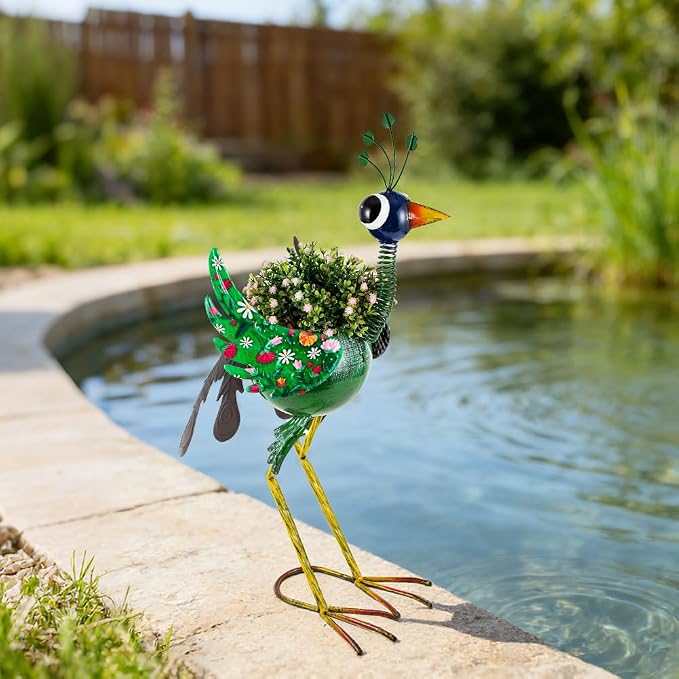 Planters for Outdoor Plants Green Peacock, Metal Planters Peacock Gifts for Women, 24.8Inch Unique Outdoor Planter Peacock Decor for Porch Garden Patio and Yard