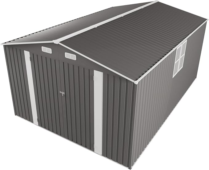 YOPTO 10x14 FT Large Outdoor Storage Shed,Durable Metal Garden Shed with Three Lockable Doors and Two Windows,Waterproof Tool Shed for Backyard Patio,All-Weather Shelter for Bike,Lawn Mowers,Grey