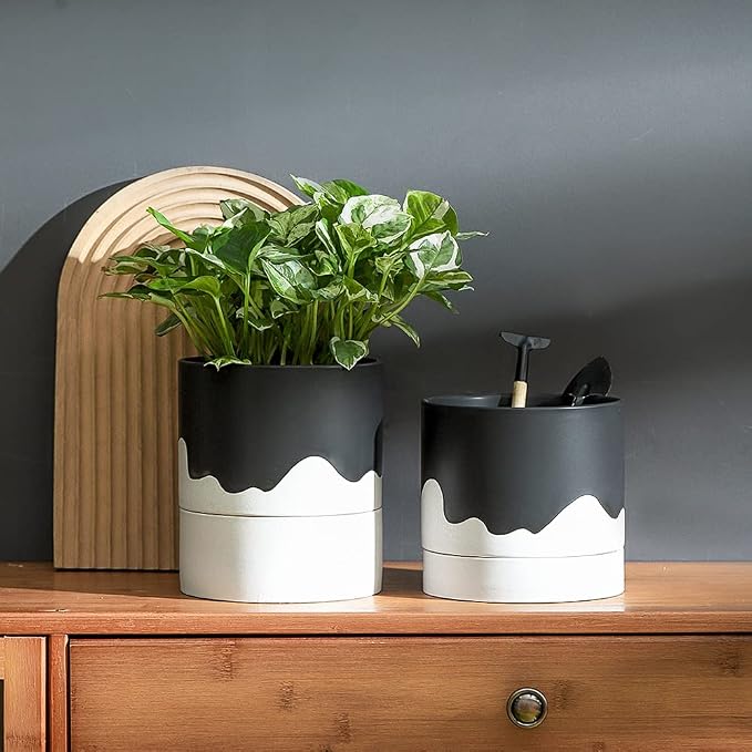 Nihow Ceramic Plant Pot,6 Inch Planter with Drainage Hole&Saucer for Indoor | Black &White,Indoor & Outdoor, Cylinder Round Flower Pot, For Succulent/Herbs/Violets