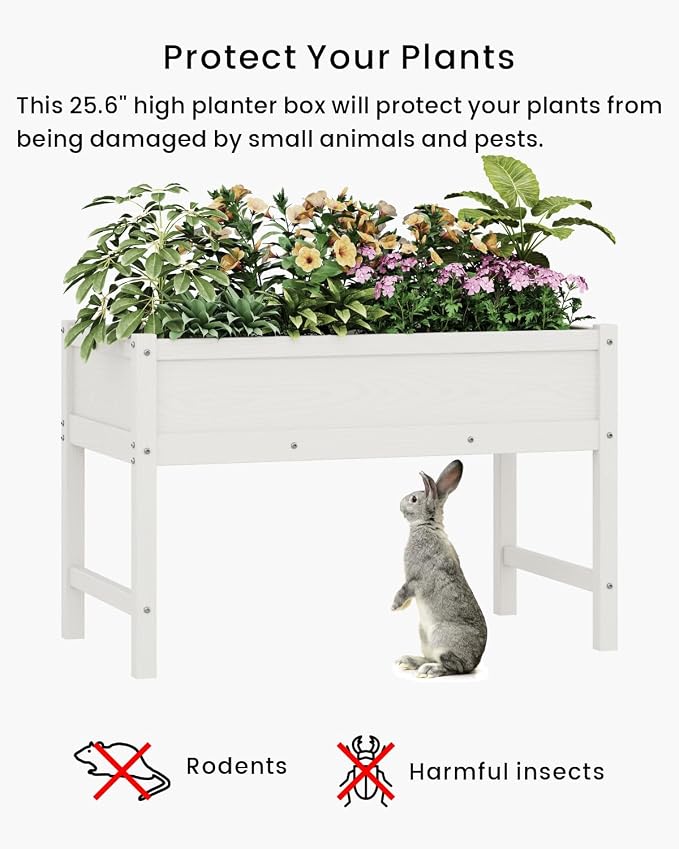 Weatherproof Raised Garden Bed, HDPE Outdoor Elevated Planter Box with Legs, Garden Box, Flower Beds for Patio, Deck, Balcony (White)