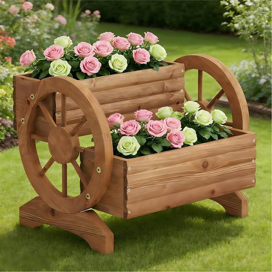 Wooden Wagon Planter Outdoor Flower Cart with Wheels Garden Planter, Decor Planter for Patio Decoration Succulent Flower Pot for Indoor Backyard Yard Decor Porch Balcony Planters (Brown, Medium)