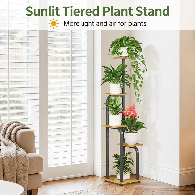 LASZOLA 5 Tiered Plant Stand Tall for Indoor Corner, Modern Multiple Flower Display Rack with Wooden Tray, Vertical Planter Shelf for Living Room Bedroom Patio Garden Balcony, Black Brown