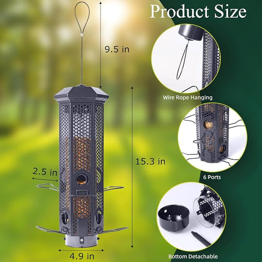 Squirrel Proof Bird Feeders with Removable Base, Metal Wild Bird Feeder for Outdoors Hanging, 6 Weight-Activated Ports Perches, 3LB Seed Capacity(Gray)