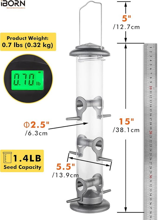 iBorn Metal Bird Feeder Hanging Wild Bird Seed Feeder for Mix Seed Blends Heavy Duty All Metal Silver Finish,15 Inch 6 Port(Seed is not Included),Gift Box