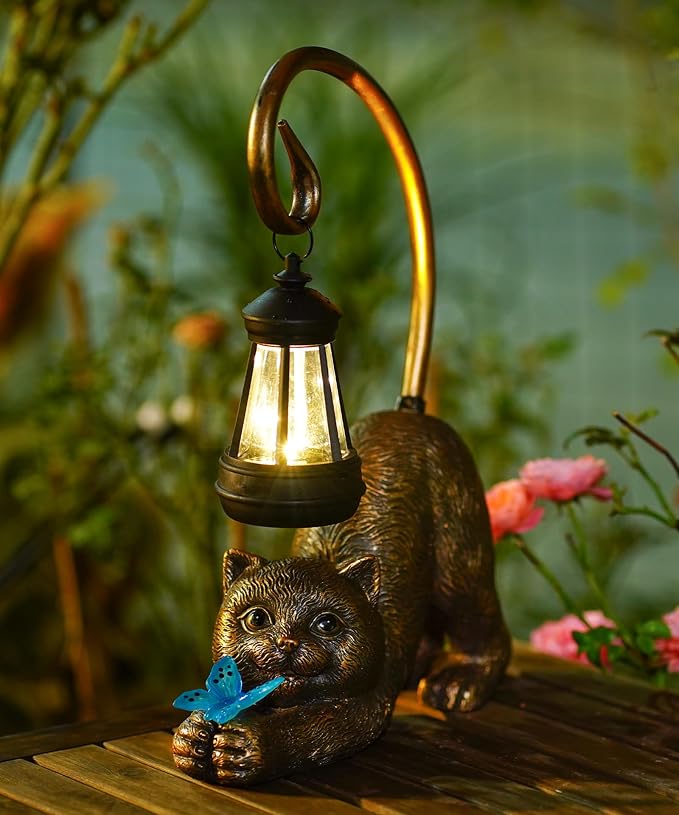 Solar Cat Garden Statue: Outdoor Sculptures with Lantern | Weatherproof Resin Decorations, Art Patio Balcony Yard Lawn Decor, Unique Birthday Gift for Women Mom Grandma