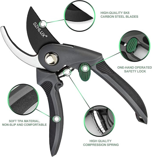 SZHLUX Pruning Shears, Premium SK5 Carbon Steel Blades Hand Pruner for Garden, Sharp Precision Pruning Scissors, 5/8’’ Plant Clippers, Tree Trimmers