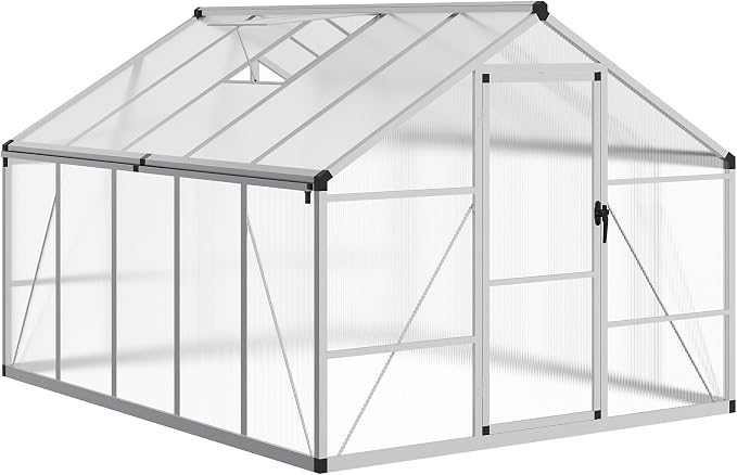 8x10 ft Walk-in Greenhouse, Polycarbonate Panels with Reinforced Aluminum Frame, Large Garden Green House for Planting and Seed Starting, Quick-Assembly Structure with Adjustable Roof Vent