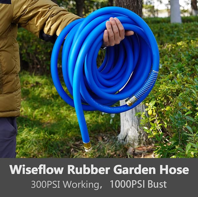 Wiseflow Garden Hose 50FT x 3/4", Heavy Duty Rubber Hose, Water Hose with Five Layered Braiding, Male Female Fittings, 1200PSI Burst, 300PSI Working for Yard, Car Wash, Pets (Blue)
