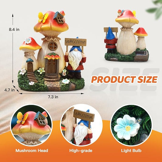 Json Solar Garden Statue Lights Mushroom Fairy House Figurine, Outdoor Memorial Garden Ornaments Waterproof Decoration for Fairy Garden,Outside Patio Yard Lawn Pathway Decor