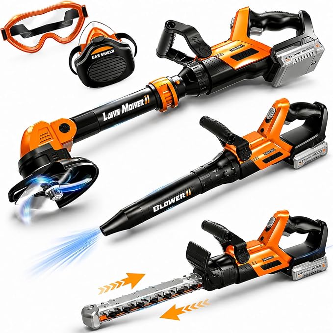 Kids Tool Set, 3-IN-1 Toddler Power Garden Tools with Lights and Sounds, Toy Weed Wacker, Toy Leaf Blower, Hedge Trimmer, Yard Tools Outdoor toys for Boys, Birthday Gifts for Kids Ages 3 4 5 6 7 8+