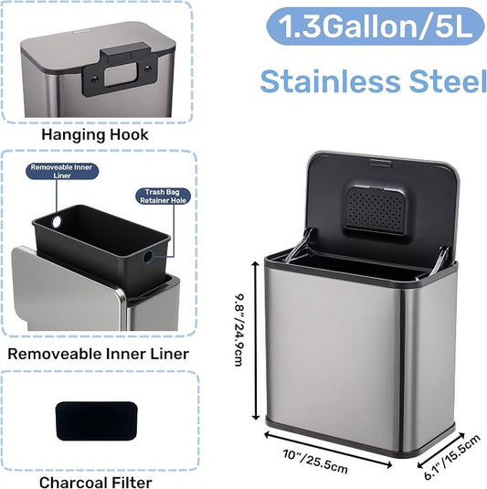 GarveeHome 1.3 gal Hanging Trash Can with Lid, Stainless Steel Kitchen Compost Bin with Inner Bucket and Charcoal Filter for Countertop or Under Sink, Wall Mounted Waste Bin for Cupboard/Bathroom