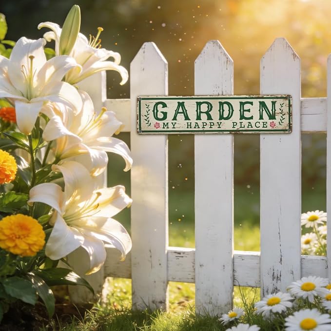 Garden Metal Tin Sign, My Happy Place Sign, Vintage Farmhouse Outdoor Wall Decor, for Porch Patio Fence, Gift for Rustic Garden Shed Decor, 15.7 x 3.9 Inches
