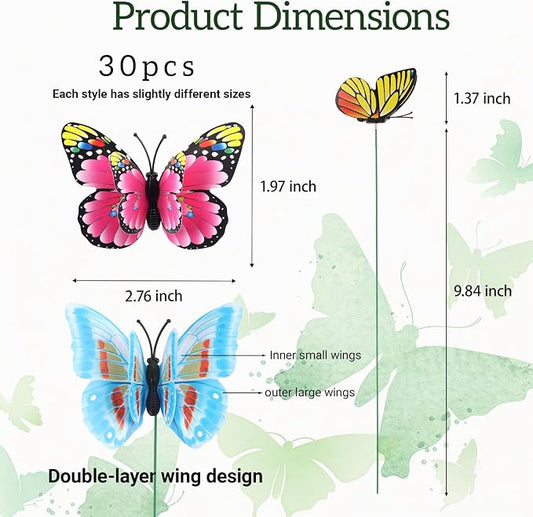 30PCS Butterfly Decorations Outdoor Butterfly Garden Picks for Garden Decor | 3D Waterproof Double Layer Artificial Butterflies Picks for Crafts Flower Arrangements Outdoor Indoor Spring Decor