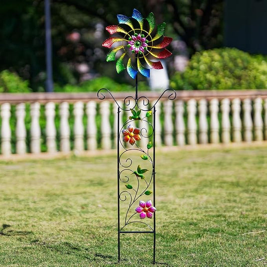 DREAMYSOUL Wind Spinner Outdoor, Colorful Wind Sculpture & Spinner, Weathervane with Decorative Trellis for Climbing Plants, Kinetic Wind Spinners for Yard