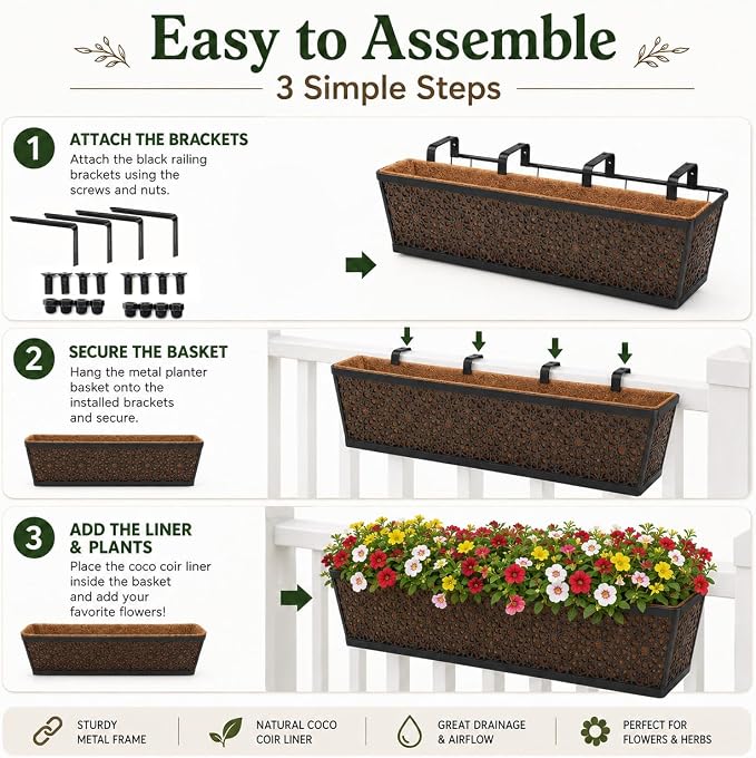 Halatool Railing Deck Balcony Planter Window Boxes, 2 Pack 30 Inch Metal Heavy Duty Planter Boxes with Coco Liner for Windowsill Fence Porch Patio Lawn Outdoor