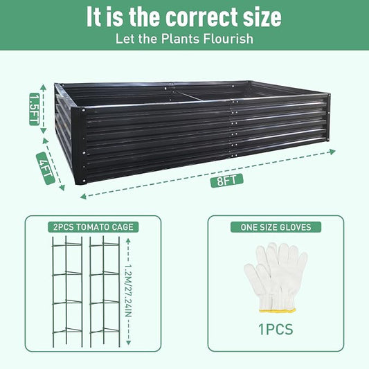 Metal Raised Garden Bed 8x4x1.5Ft Tall Outdoor Large Metal Galvanized Planter Boxes Kit for Vegetables, Flowers and Herbs,Garden Beds with 2Pcs Tomato Cage 1Pc Gloves,Black